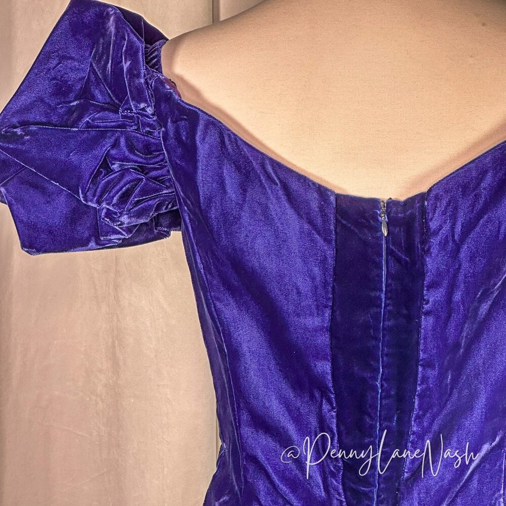Vintage Alex Evenings Velvet Puff Sleeve Cocktail Dress Blue - Picture 12 of 12